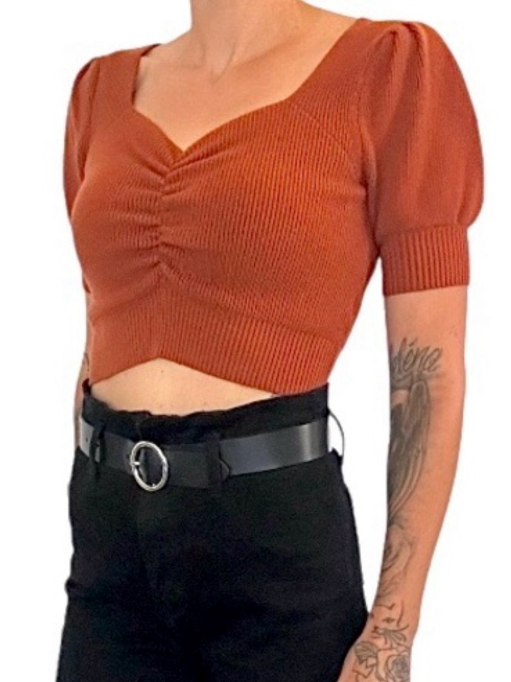 Rust Brown Ruched Sweetheart Puff Sleeve Knit Crop Top • Sz S